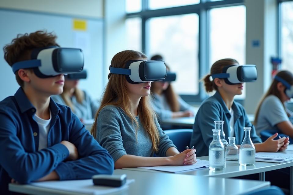 Estudiantes usando realidad virtual en clase de química